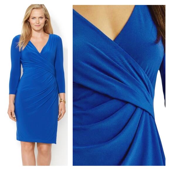 Lauren Ralph Lauren Royal Blue Wrap-Front Jersey Dress Size 10 3/4 Sleeve Sheath - Picture 1 of 14